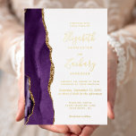 Invitation En Aluminium Mariage d'âge moderne violet or<br><div class="desc">Le bord gauche de cette élégante faire-part de mariage moderne est orné d'une bordure d'aquarelle violette ornée d'une parties scintillant en faux or. Le texte personnalisable combine écriture manuscrite, copperplate et polices italiques en feuille d'or réelle sur un arrière - plan blanc. L'envers est assorti d'une agate violette et dorée....</div>