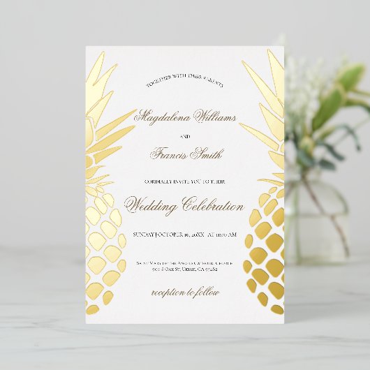 Invitation En Aluminium mariage d'ananas en feuille réelle (Debout devant)