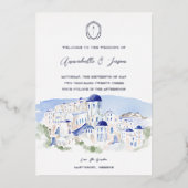 Invitation En Aluminium Mariage d'aquarelle de l'architecture de Santorin  (Recto)