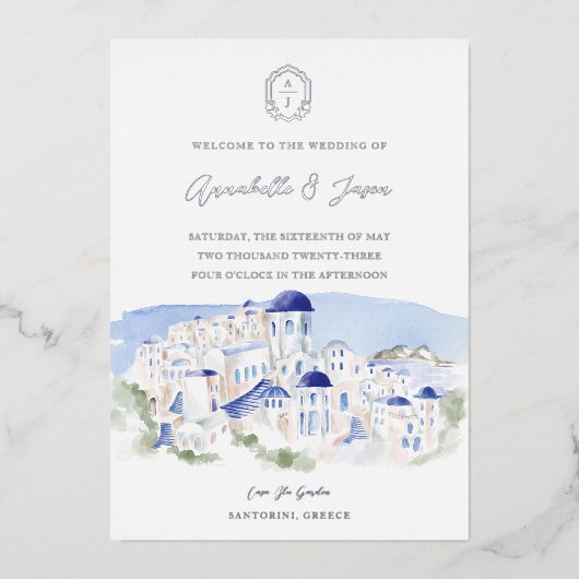 Invitation En Aluminium Mariage d'aquarelle de l'architecture de Santorin  (Recto)
