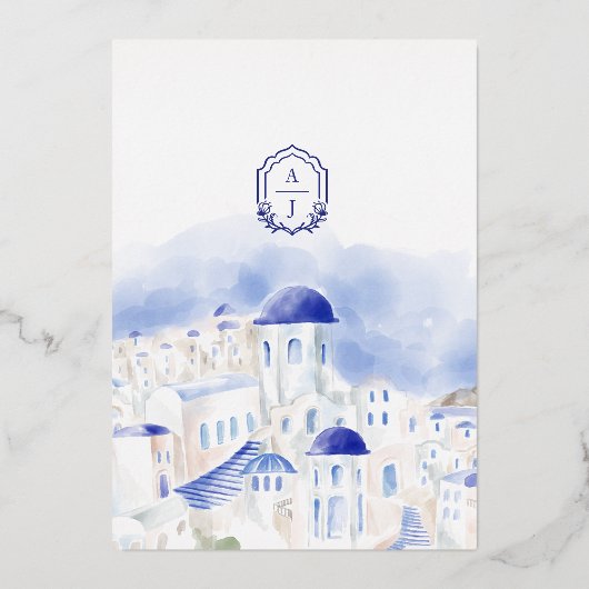 Invitation En Aluminium Mariage d'aquarelle de l'architecture de Santorin (Verso)