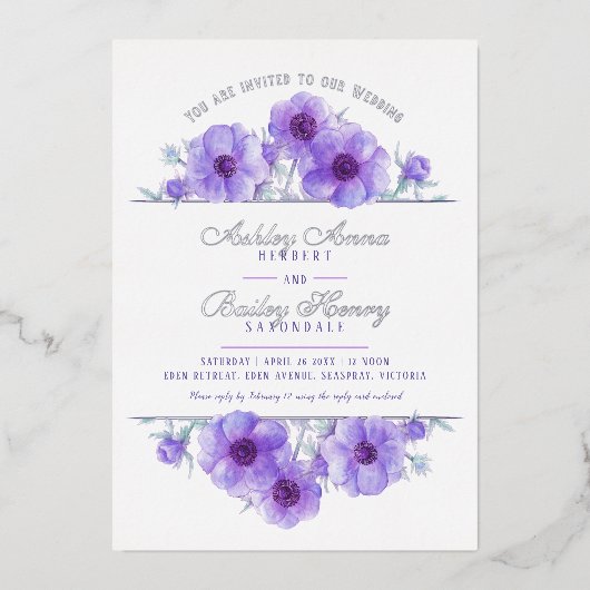 Invitation En Aluminium Mariage d'aquarelle fleurie d'anémone blanc violet (Recto)