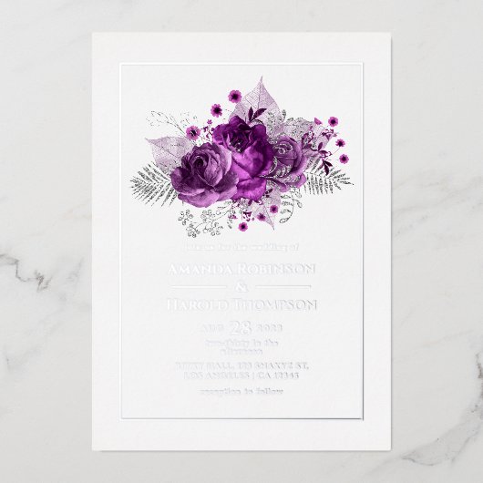 Invitation En Aluminium Mariage d'aquarelle prune et argent (Recto)