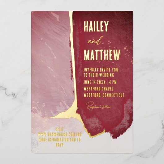 Invitation En Aluminium Mariage d'aquarelle rose bordeaux et poussiéreux (Recto)