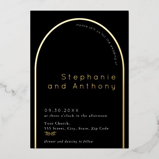 Invitation En Aluminium Mariage d'arc minimal noir, or blanc (Recto)