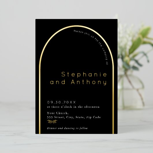 Invitation En Aluminium Mariage d'arc minimal noir, or blanc (Debout devant)