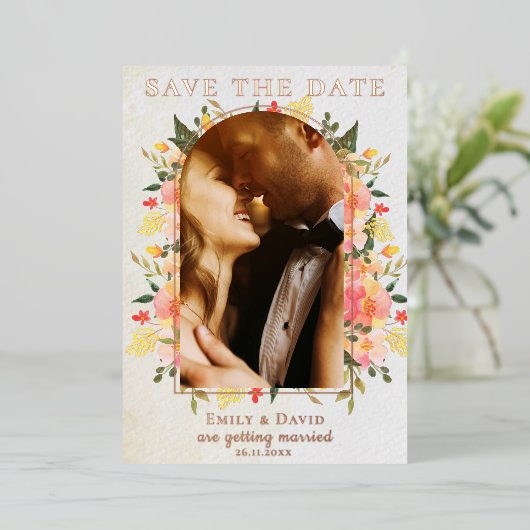 Invitation En Aluminium Mariage d'arc photo florale mignonne Enregistrer l (Debout devant)