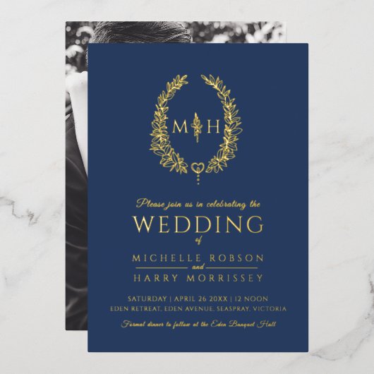 Invitation En Aluminium Mariage d'art de ligne ovale feuille bleu et blanc (Recto/Verso)