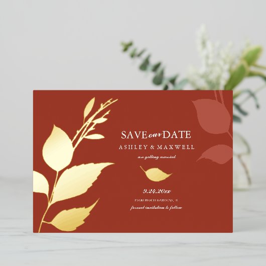Invitation En Aluminium Mariage d'automne Enregistrer la date Feuilles ora (Debout devant)