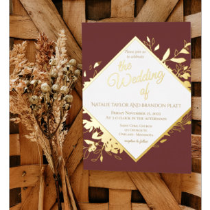 Invitation En Aluminium Mariage d'automne rouge Bourgogne et or