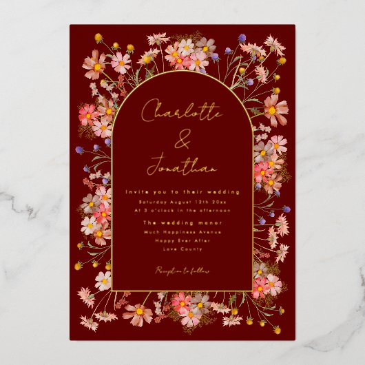 Invitation En Aluminium Mariage de automne fleur sauvage Burgundy Terracot (Recto)