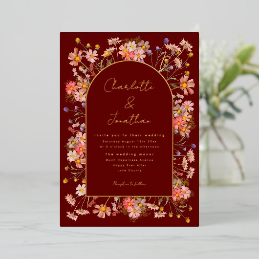 Invitation En Aluminium Mariage de automne fleur sauvage Burgundy Terracot (Debout devant)