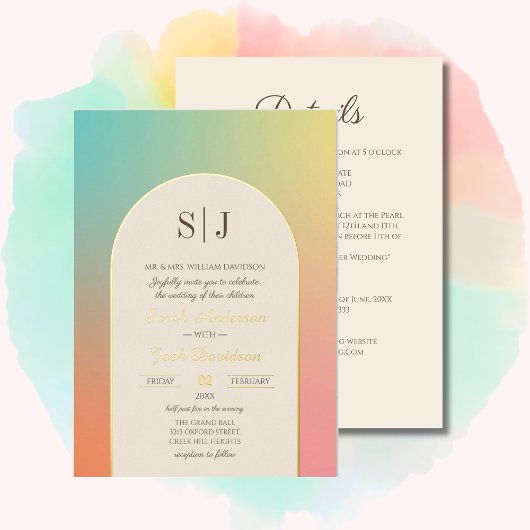 Invitation En Aluminium Mariage de cadre d'arc doré Pastel Gradient Retro