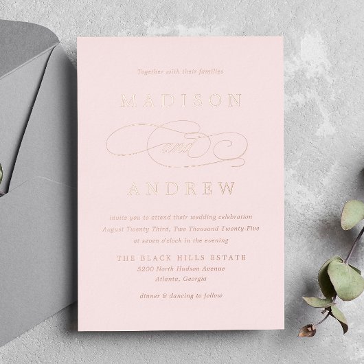 Invitation En Aluminium Mariage de calligraphie rose et Rose or
