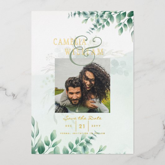 Invitation En Aluminium Mariage de CODE QR PHOTO Gold Foil Green Date de s (Recto)