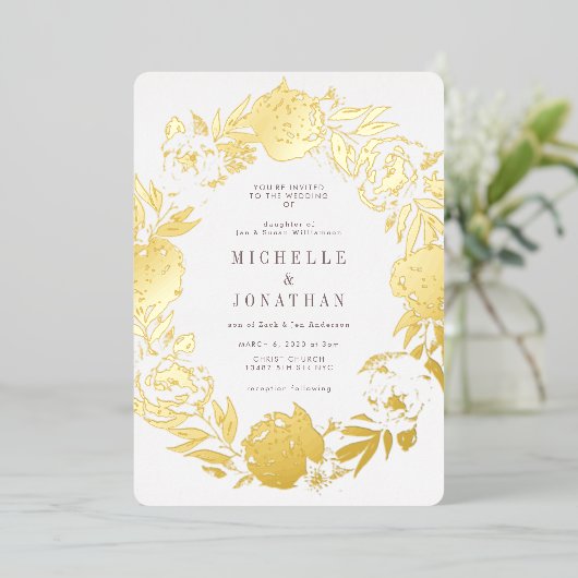 Invitation En Aluminium Mariage de couronnes à fleurs en or (Debout devant)