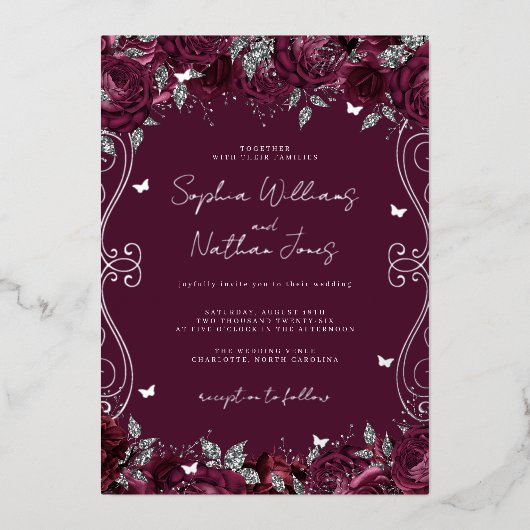 Invitation En Aluminium Mariage de défilement argenté de Bourgogne (Recto)