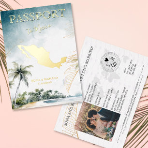 Invitation En Aluminium Mariage de destination au Mexique Passeport Or