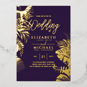 Invitation En Aluminium Mariage de destination de feuille tropicale d'or p