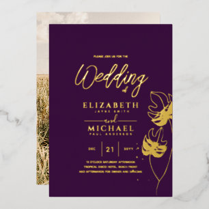 Invitation En Aluminium Mariage de destination de feuille tropicale d'or p