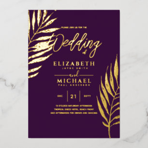 Invitation En Aluminium Mariage de destination de feuille tropicale d'or p