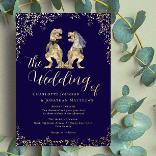 Invitation En Aluminium Mariage de Dinosaures Bleu Nuit et Or