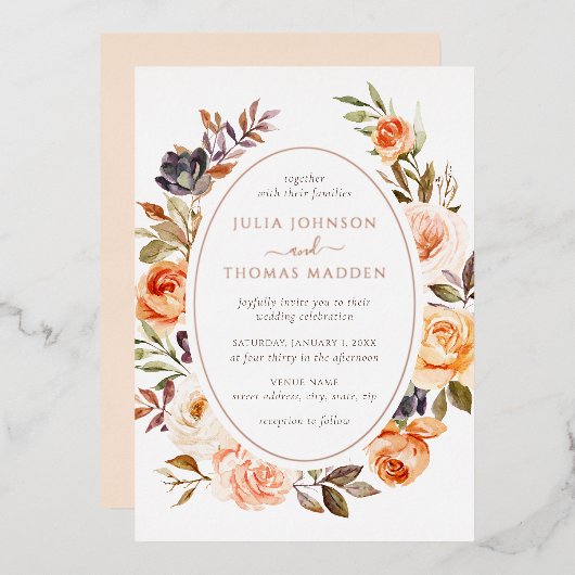 Invitation En Aluminium Mariage de feuillage floral orange brûlé (Recto/Verso)