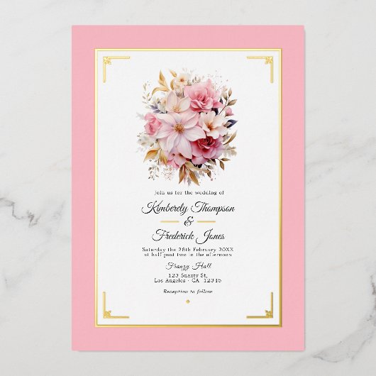 Invitation En Aluminium Mariage de fleurs rose et or (Recto)