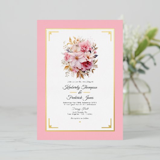 Invitation En Aluminium Mariage de fleurs rose et or (Debout devant)