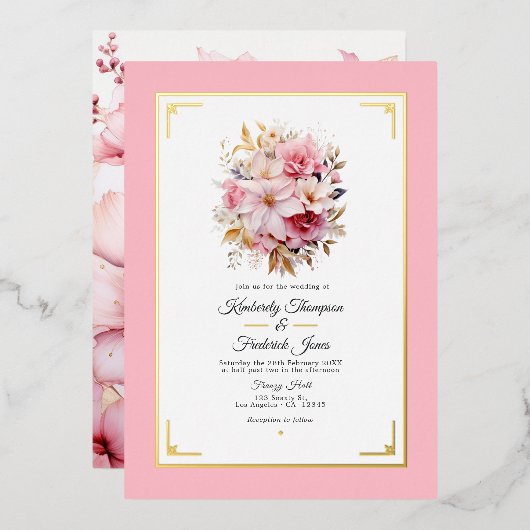 Invitation En Aluminium Mariage de fleurs rose et or (Recto/Verso)