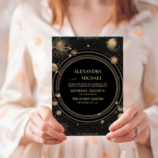 Invitation En Aluminium Mariage de galaxie céleste d'or noir mystique