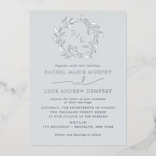 Invitation En Aluminium Mariage de gerbe de laurier botanique Monogramme (Recto)