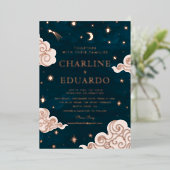 Invitation En Aluminium Mariage de la lune et des étoiles d'or céleste (Debout devant)