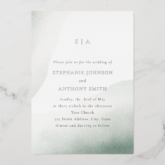 Invitation En Aluminium Mariage de lavage monogramme Sage vert Aquarelle (Recto)