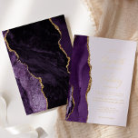 Invitation En Aluminium Mariage de lavande d'agate d'or violet moderne<br><div class="desc">Le bord gauche de cette élégante faire-part de mariage moderne est orné d'une bordure d'aquarelle violette ornée d'une parties scintillant en faux or. Le texte personnalisable combine écriture manuscrite, copperplate et polices italiques en feuille d'or véritable sur un arrière - plan lavande pâle. L'envers est assorti d'une agate violette et...</div>