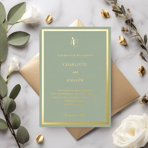Invitation En Aluminium Mariage de luxe avec monogramme or et vert sauge