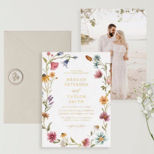 Invitation En Aluminium Mariage de mariage Gold Foil Fleur sauvage Garden