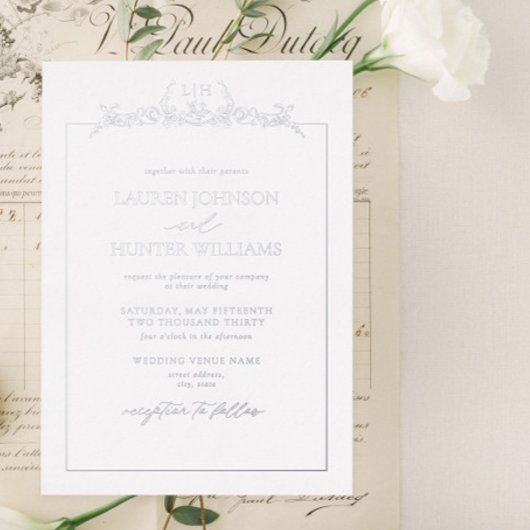 Invitation En Aluminium Mariage de monogramme de bordure florale argent