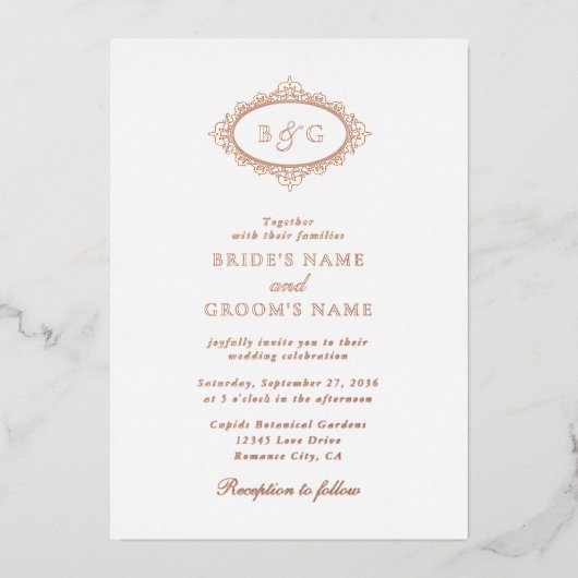 Invitation En Aluminium Mariage de monogramme de couronne d'or Rose réel (Recto)