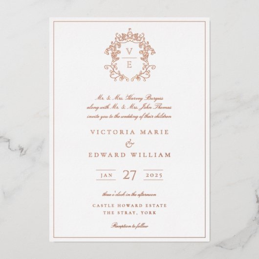 Invitation En Aluminium Mariage de monogramme de crête bleu poussiéreux (Recto)