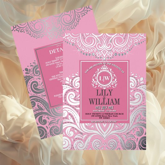 Invitation En Aluminium Mariage de monogramme de diamant d'ArtDeco rose