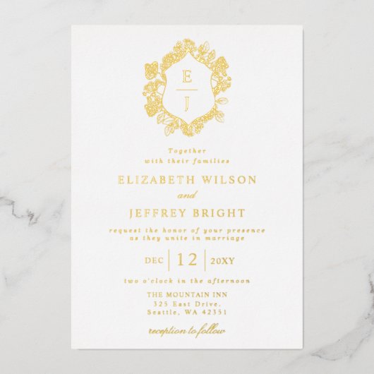 Invitation En Aluminium Mariage de monogramme Floral Crest (Recto)