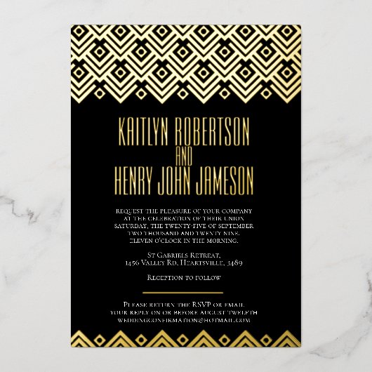 Invitation En Aluminium Mariage de motif de diamants géométrique en or noi (Recto)