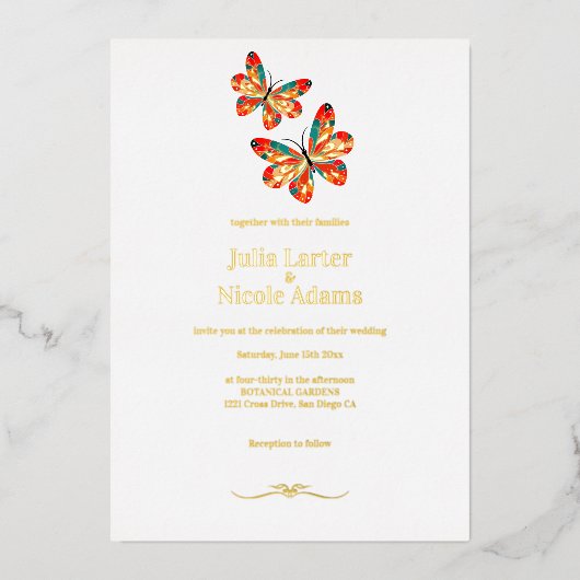 Invitation En Aluminium Mariage de papillon orange vidé en or (Recto)