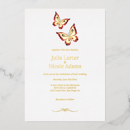 Invitation En Aluminium Mariage de papillon orange vidé en or (Recto)