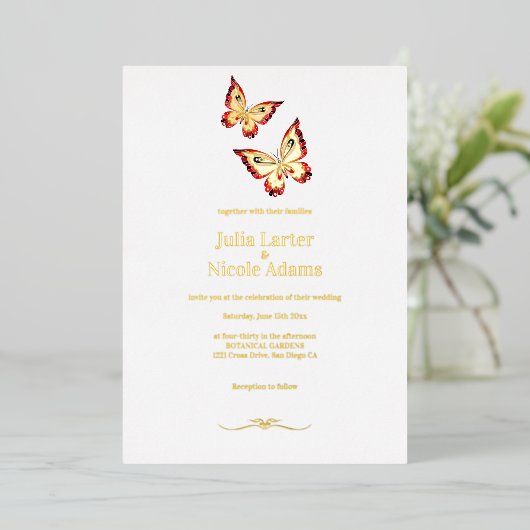 Invitation En Aluminium Mariage de papillon orange vidé en or (Debout devant)