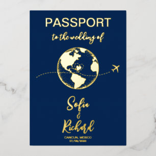 Invitation En Aluminium Mariage de passeport Destination Gold Foil World C