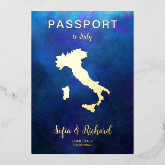 Invitation En Aluminium Mariage de passeport Destination Gold Marine Itali (Recto)