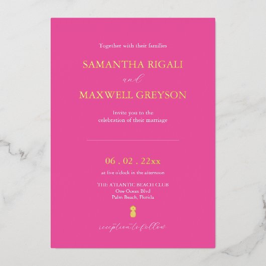 Invitation En Aluminium Mariage de plage rose Fuchsia simple et dynamique (Recto)