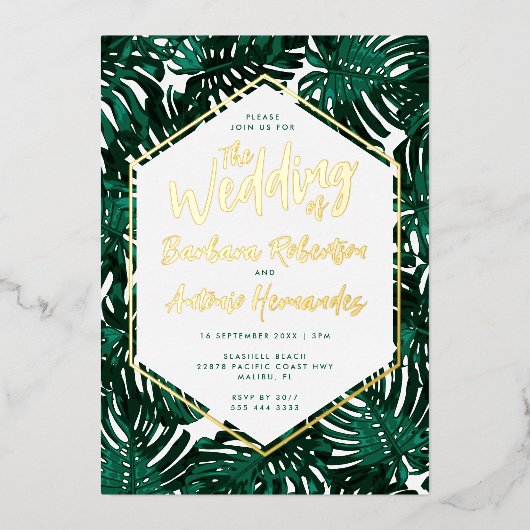 Invitation En Aluminium Mariage de plage Tropical Green Palm Feuille (Recto)